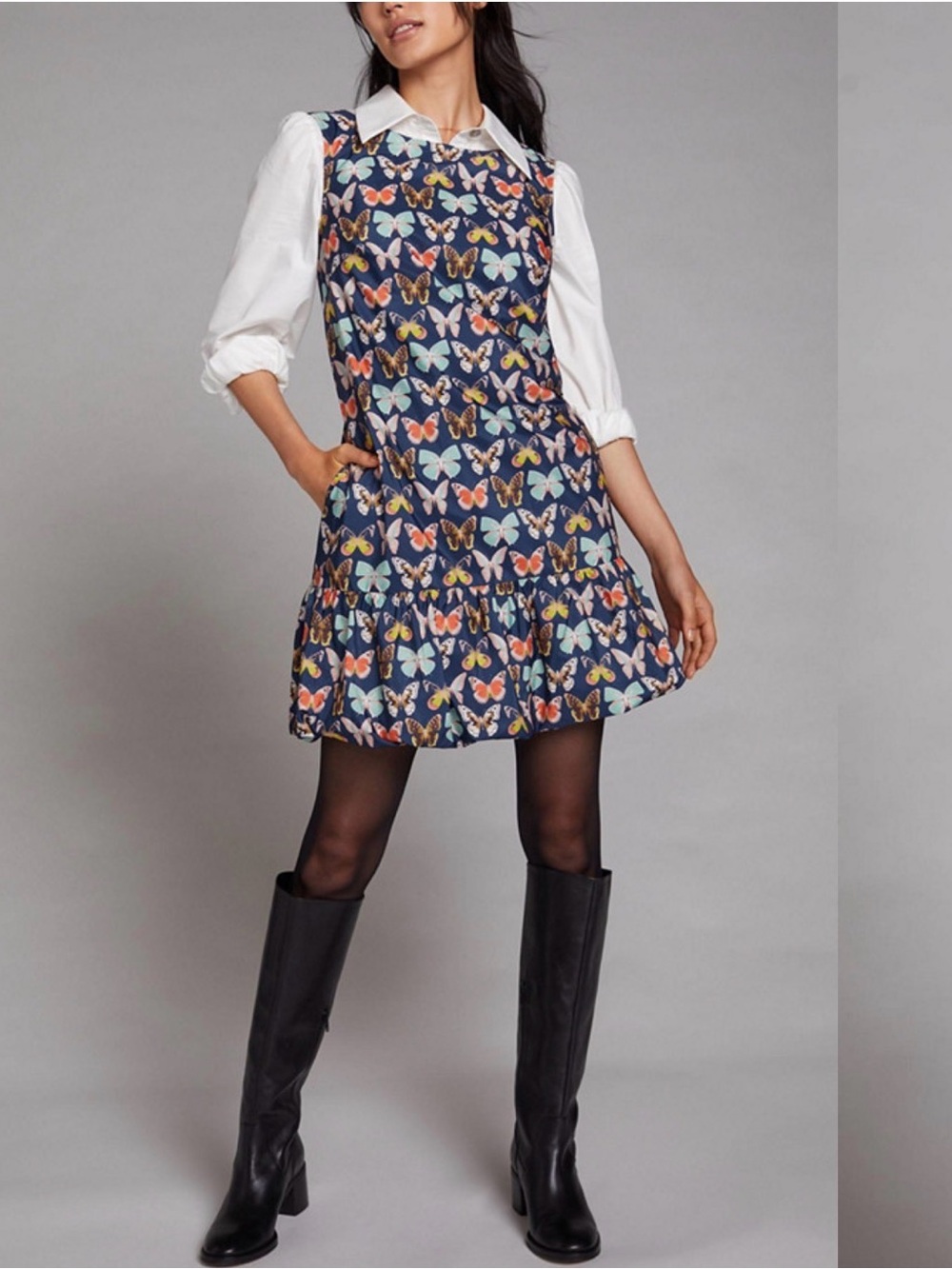 Maeve Butterfly Mod Mini Dress Navy Print Ruffle-Hem Dress pockets 6p petite - Picture 2 of 11